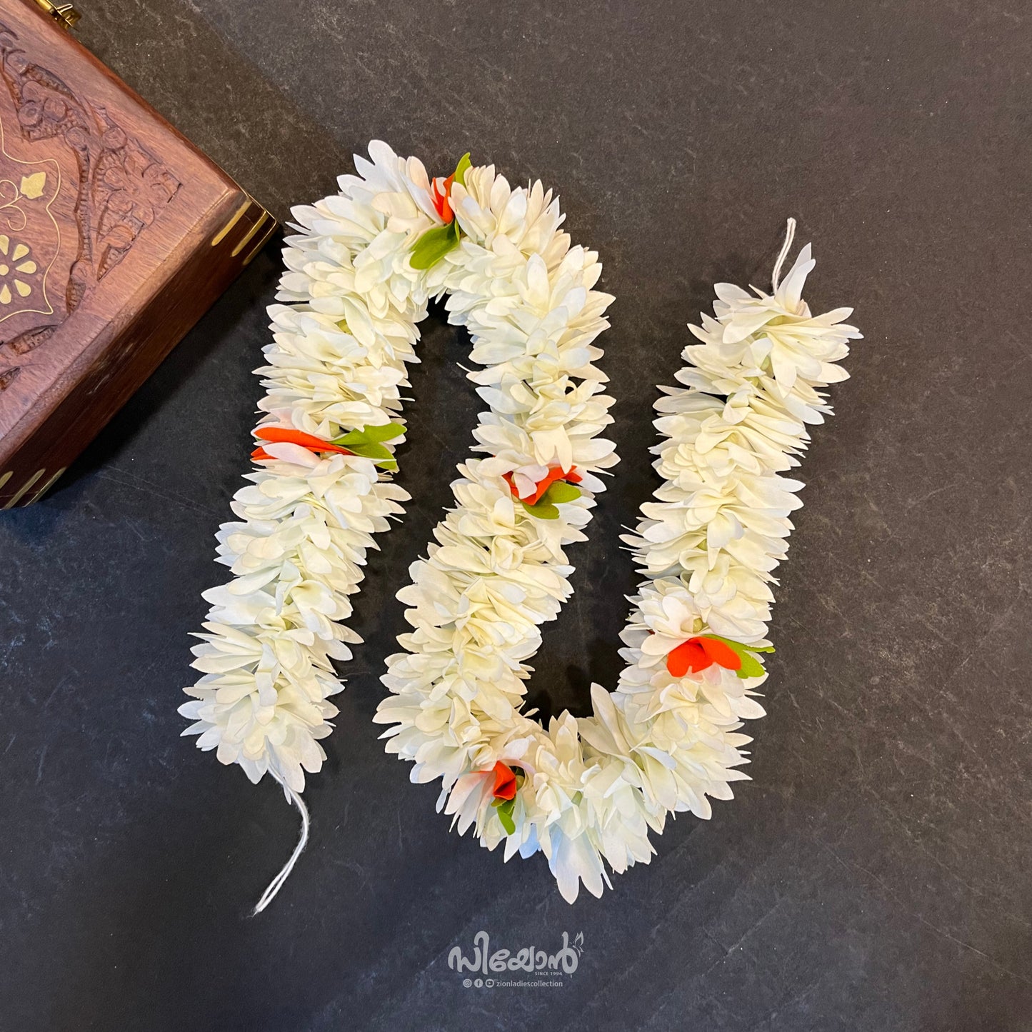 White Orange Green - Hair Styling Flower Mala - 0.6 Metre (2 Feet)